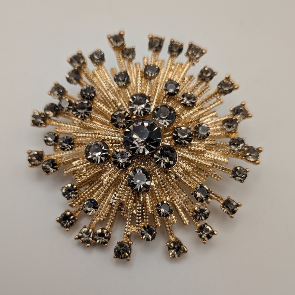 Vintage Style Gold Sunburst Brooch Grey Rhinestone Starburst Pin 2 Inch